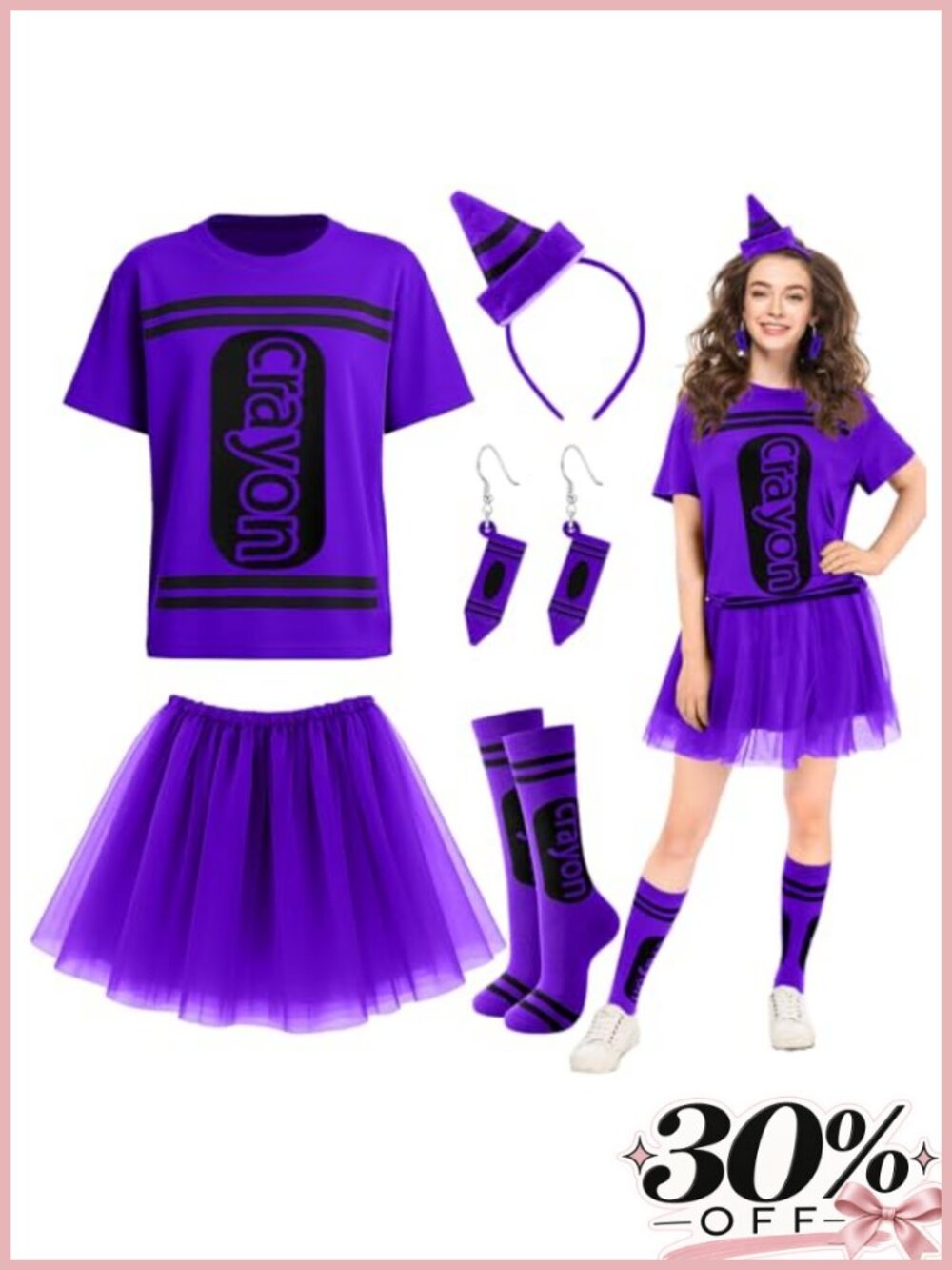 Crayon Costume Set 7 Pcs Felt Top Skirt Hat Earrings Stockings Women